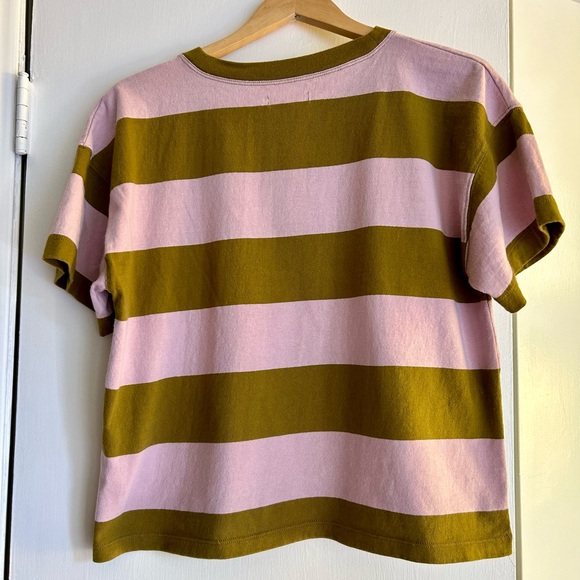 Madewell Parkview Henley Tee Pink Green Cropped Rugby Stripe, Large - Picture 2 of 5